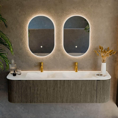 Mondiaz KURVE-DLUX Ensemble de meuble de salle de bains - 170x46x40cm - 1 tiroir - 2 portes - lavabo solid surface - double - 2 trous de robinet - Shadow