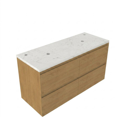 Saniclass Holz Pure Ensemble de meuble de salle de bains - 120x45x63cm - Plan vasque en marbre Dia poli (blanc) - 2 trous de robinet - 4 tiroirs - chêne natural mat (bois)