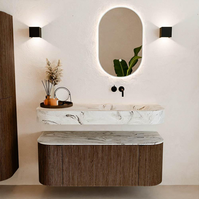 MONDIAZ THOR-DLUX 120cm meuble de salle de bains arrondi gauche + droite couleur Walnut avec 1 tiroir et 2 portes. Vasque suspendue CLOUD droite sans trou de robinet couleur Glace.