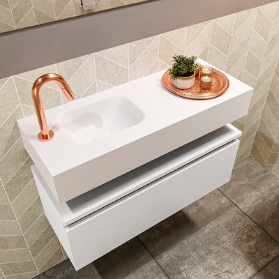 MONDIAZ ANDOR Meuble WC - 80x30x30cm - 1 trou de robinet - 1 tiroir - talc mat - lavabo à gauche - Solid surface - Blanc