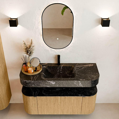 MONDIAZ THOR-DLUX Meuble de salle de bains 120cm arrondi gauche + droite couleur Oak avec 1 tiroir et 2 portes. Vasque suspendue CLOUD Milieu 1 trou de robinet couleur Lava.