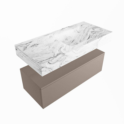 Mondiaz ALAN-DLUX Ensemble de meuble - 100cm - meuble Smoke mat - 1 tiroir - Lavabo Cloud Glace suspendu - vasque Droite - 0 trous de robinet
