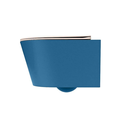 Mondiaz LAVIE hangtoilet – spoelrandloos – 36 x 53 cm – met softclose zitting – Jeans (blauw), zitting Rosee (roze)