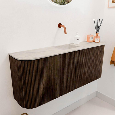 Mondiaz JOYA-DLUX Meuble de salle de bains 103.2cm - arrondi gauche et droite couleur Walnut - Vasque FAYE position Milieu Sans trou de robinet couleur Ostra.