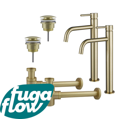 FugaFlow Eccelente Sobrado Badkamer Slim Wastafelkraanset - voor dubbele wastafel - verhoogde wastafelkraan - klikwaste plug - verlaagde design sifon - PVD Geborsteld Messing
