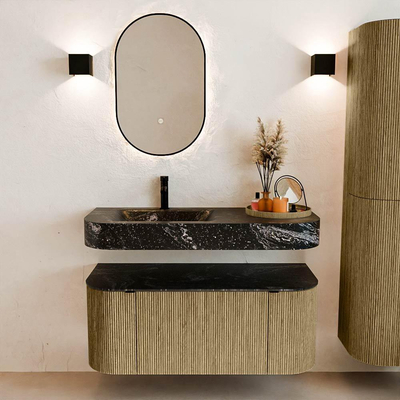 MONDIAZ THOR-DLUX Meuble de salle de bains 110cm arrondi gauche + droite couleur Dusk avec 1 tiroir et 2 portes. Vasque suspendue CLOUD Gauche 1 trou de robinet couleur Lava.