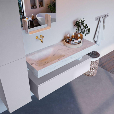 Mondiaz ALAN-DLUX Ensemble de meuble - 120cm - meuble Cale mat - 1 tiroir - Lavabo Cloud Opalo suspendu - vasque Gauche - 0 trous de robinet