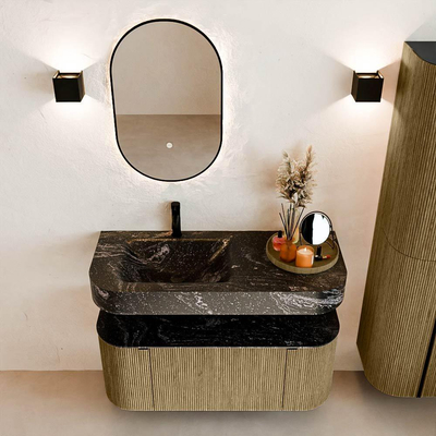 MONDIAZ THOR-DLUX Meuble de salle de bains 110cm arrondi gauche + droite couleur Dusk avec 1 tiroir et 2 portes. Vasque suspendue CLOUD Gauche 1 trou de robinet couleur Lava.