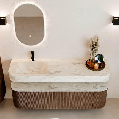 MONDIAZ THOR-DLUX 160cm badmeubel ronding links + rechts kleur Walnut met 1 lade en 2 deuren. Vrijhangende wastafel CLOUD Links 1 kraangat kleur Ostra.