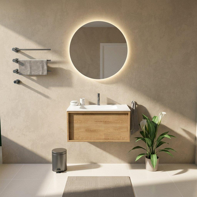 Saniclass Holz Frame Ensemble de meuble de salle de bains - 80x45x41.5cm - Flow vasque en solid surface blanc - 1 lavabo - 1 trou de robinet - 1 tiroir - chêne natural mat (bois)
