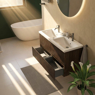 Saniclass Holz Atelier Ensemble de meubles de salle de bains - 120x45x63.5cm - Lavabo Bari en céramique blanc - 2 vasques - 2 trous de robinet - 2 tiroirs - chêne charcoal mat (bois)