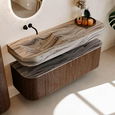 MONDIAZ THOR-DLUX 140cm badmeubel ronding links + rechts kleur Walnut met 1 lade en 2 deuren. Vrijhangende wastafel CLOUD Links zonder kraangat kleur Sombra.