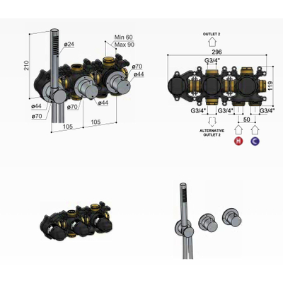 Hotbath élément encastré - pour mitigeur thermostatique encastré avec inverseur d'arrêt 2 voies avec support de douchette