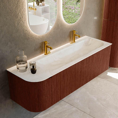 Mondiaz KURVE-DLUX Badkamermeubelset - 145x46x40cm - 1 lade - 1 deur - wastafel solid surface - rechts - 2 kraangaten - Ruby
