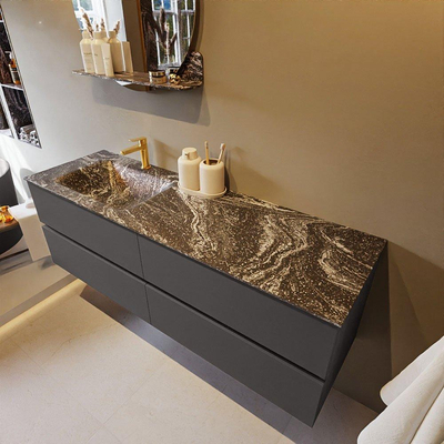 Mondiaz VICA-DLUX ensemble de meuble de salle de bain - 150cm - meuble sous-vasque gris foncé - 4 tiroirs - lavabo encastré cloud gauche - 1 trou de robinet - miroir modèle spot - version XL 60cm de haut - lave