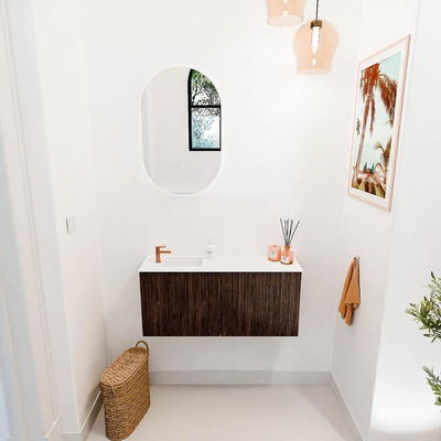 Mondiaz JOYA 90cm toiletmeubel - kleur Walnut - Wastafel FAYE positie Links 1 kraangat kleur Talc.