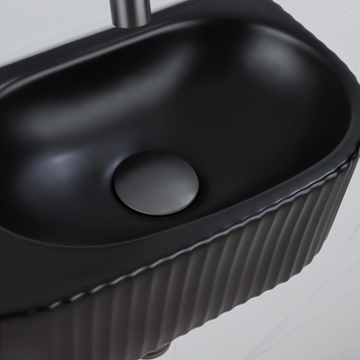 QeramiQ Fuente Ensemble de Lavabo - 40x21.5x12cm - strié - demi-rond - céramique - ensemble de robinet gunmetal - bouchon de vidange - siphon abaissé - noir mat