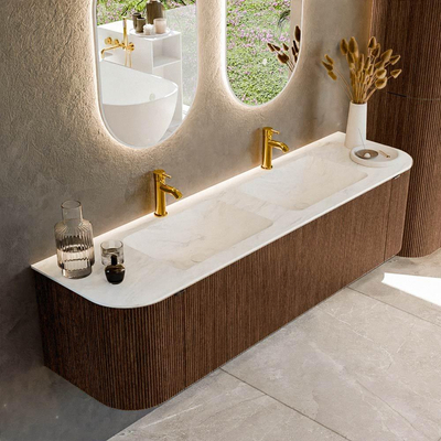 MONDIAZ KURVE-DLUX 170cm badmeubel met module 25 Len R kleur Walnut met 1 lade en 2 deuren. Wastafel LEAF dubbel 2 kraangaten kleur Opalo.