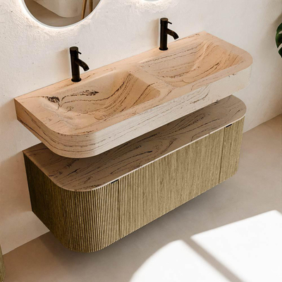 MONDIAZ THOR-DLUX 120cm meuble de salle de bains arrondi gauche + droite couleur Dusk avec 1 tiroir et 2 portes. Vasque suspendue CLOUD Double 2 trous de robinet couleur Arena.