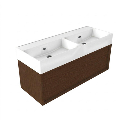 Saniclass Holz Frame Ensemble de meubles de salle de bains - 120x45x52cm - Legend lavabo en céramique blanc - 2 vasques - sans trous de robinetterie - 1 tiroir - mat walnut pure (bois)