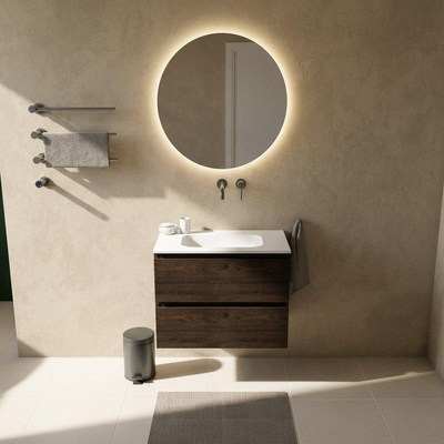 Saniclass Holz Pure Ensemble de meubles de salle de bains - 80x45x61.5cm - lavabo Flow en solid surface blanc - 1 vasque - sans trou de robinetterie - 2 tiroirs - chêne charcoal mat (bois)