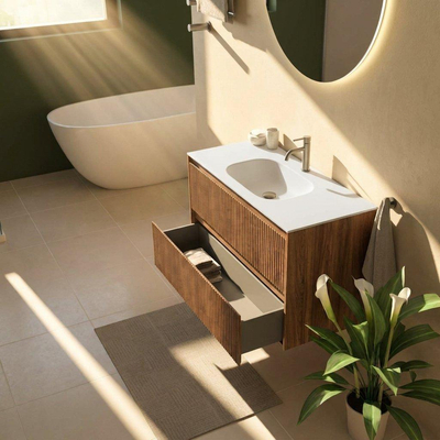 Saniclass Holz Atelier Ensemble de meubles de salle de bains - 100x45x61.5cm - Vasque Flow en solid surface blanc - 1 vasque - 1 trou de robinetterie - 2 tiroirs - walnut pure mat (bois)