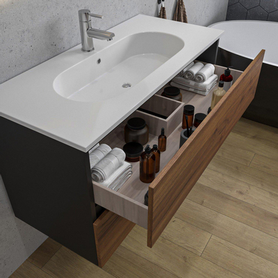 Adema Industrial 2.0 ensemble de meubles de salle de bain 100x45x55cm 1 lavabo ovale en céramique blanc 1 trou de robinetterie miroir rectangulaire bois/noir