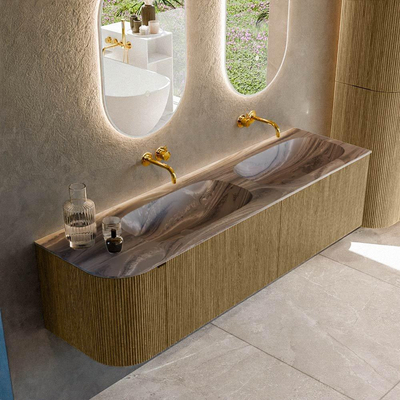 MONDIAZ KURVE-DLUX meuble de salle de bains 165cm arrondi à gauche couleur Dusk avec 2 tiroirs et 1 porte. Lavabo STOR SMALL Double / Droite sans trou de robinet Sombra.