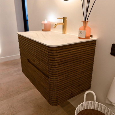 Mondiaz CIRO-DLUX Badkamermeubelset - 80x45x50cm - Solid surface wastafel Opalo - 1 wasbak Midden - 1 kraangat - 2 lades - Dusk