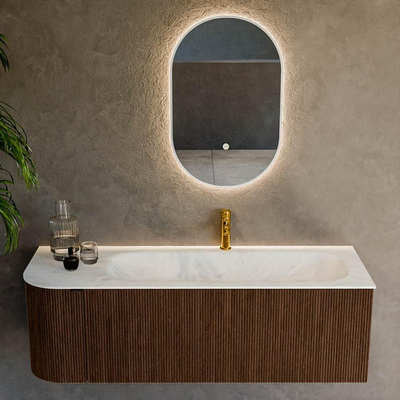 MONDIAZ KURVE-DLUX 135cm badmeubel met module 25 L kleur Walnut met 1 lade en 1 deur. Wastafel BIG MEDIUM rechts 1 kraangat kleur Opalo.