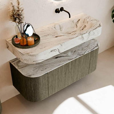 MONDIAZ THOR-DLUX Meuble de salle de bains 120cm arrondi gauche + droite couleur Shadow avec 1 tiroir et 2 portes. Vasque suspendue CLOUD Droite sans trou de robinet couleur Glace.