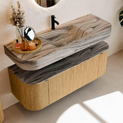 MONDIAZ THOR-DLUX 130cm badmeubel ronding links + rechts kleur Oak met 1 lade en 2 deuren. Vrijhangende wastafel CLOUD Midden 1 kraangat kleur Sombra.