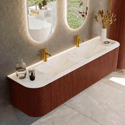 Mondiaz KURVE-DLUX Badkamermeubelset - 180x46x40cm - 2 lade - 2 deuren - wastafel solid surface - dubbel - 2 kraangaten - Ruby