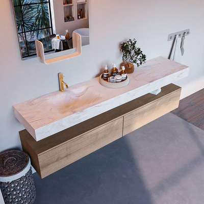 Mondiaz ALAN-DLUX Ensemble de meuble - 200cm - meuble Washed Oak mat - 2 tiroirs - Lavabo Cloud Ostra suspendu - vasque Gauche - 1 trou de robinet