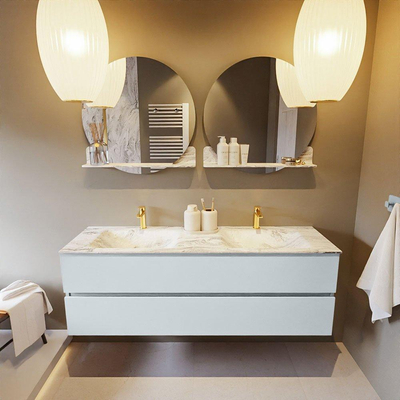 Mondiaz VICA-DLUX Ensemble de meuble de salle de bain - 150cm - meuble sous-vasque argile - 2 tiroirs - lavabo encastré nuage double - 2 trous de robinet - version haute de 60cm - glace