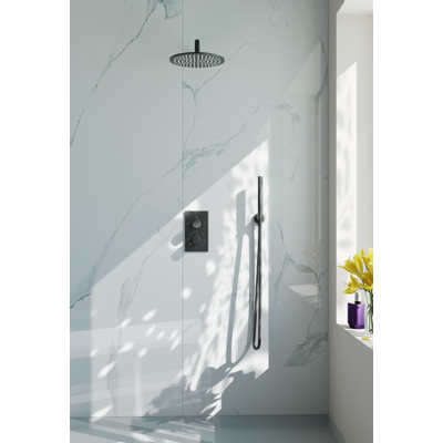 Fortifura Calvi Ensemble de douche pluie encastrable - thermostatique - bras mural - pommeau 25cm - douchette stick - flexible en métal - Gunmetal