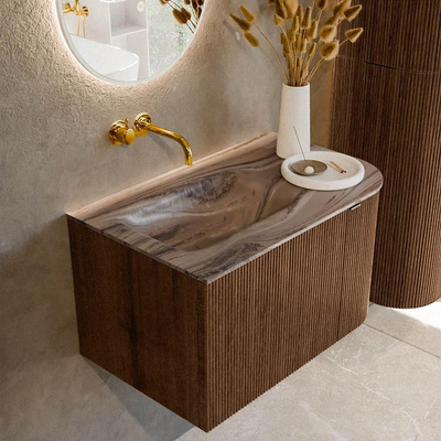 MONDIAZ KURVE-DLUX Meuble de salle de bains 75cm arrondi à droite couleur Walnut avec 1 tiroir et 1 porte. Lavabo GRUNNE à gauche sans trou de robinet Sombra.