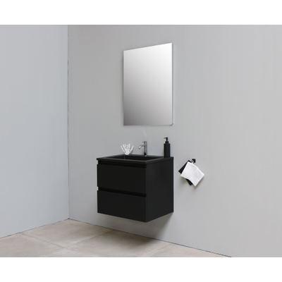 Basic Bella Badkamermeubelset - 60x55x46cm - 1 wasbak - Acryl - Zwart - 1 kraangat - Wandspiegel zonder verlichting - Melamine Zwart mat