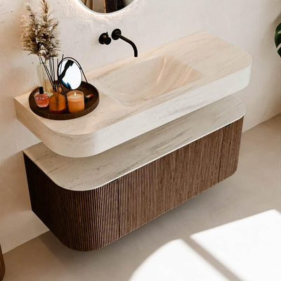 MONDIAZ THOR-DLUX 120cm badmeubel ronding links + rechts kleur Walnut met 1 lade en 2 deuren. Vrijhangende wastafel CLOUD Midden zonder kraangat kleur Meli.