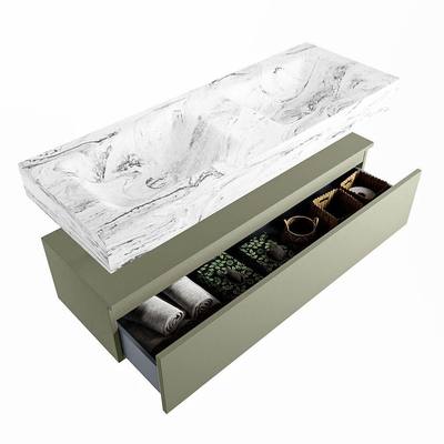 Mondiaz ALAN-DLUX Ensemble de meuble - 130cm - meuble Army mat - 1 tiroir - Lavabo Cloud Glace suspendu - vasque Gauche et droite - 2 trous de robinet
