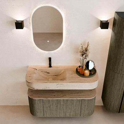 MONDIAZ THOR-DLUX 110cm meuble de salle de bains arrondi gauche + droite couleur Shadow avec 1 tiroir et 2 portes. Vasque suspendue CLOUD Gauche 1 trou de robinet couleur Arena.