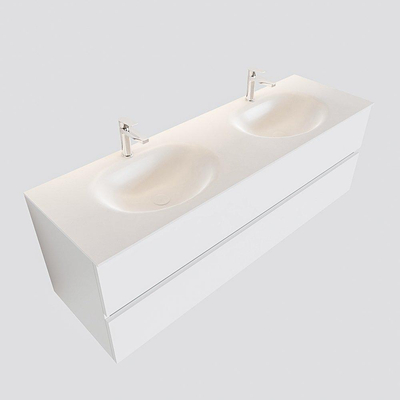 MONDIAZ VICA Ensemble de meuble salle de bain - 150cm - 2 tiroirs - lavabo Moon double - 2 trous de robinet - solid surface talc