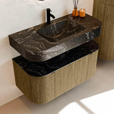 MONDIAZ THOR-DLUX 100cm meuble de salle de bains arrondi gauche + droite couleur Dusk avec 1 tiroir et 2 portes. Vasque suspendue CLOUD Milieu 1 trou de robinet couleur Lava.