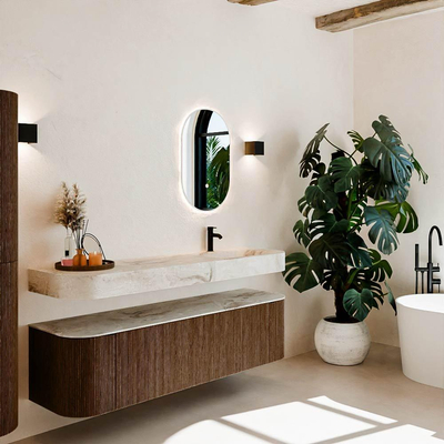 MONDIAZ THOR-DLUX Meuble de salle de bains 170cm arrondi gauche + droite couleur Walnut avec 1 tiroir et 2 portes. Vasque suspendue CLOUD Droite 1 trou de robinet couleur Frappe.