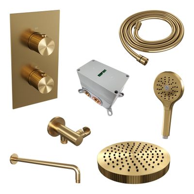 BRAUER Stripe Thermostatische Inbouw Regendouche - 3-weg - rechthoekig - 25cm douchekop - gebogen muurarm - 3-standen handdouche - doucheslang - wandaansluitbocht - goud geborsteld PVD