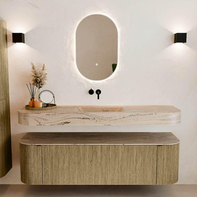 MONDIAZ THOR-DLUX 160cm meuble de salle de bains arrondi gauche + droite couleur Dusk avec 1 tiroir et 2 portes. Vasque suspendue CLOUD Milieu sans trou de robinet couleur Arena.