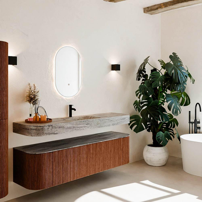 MONDIAZ THOR-DLUX 170cm meuble de salle de bains arrondi gauche + droite couleur Ruby avec 1 tiroir et 2 portes. Vasque suspendue CLOUD Milieu 1 trou de robinet couleur Oza.