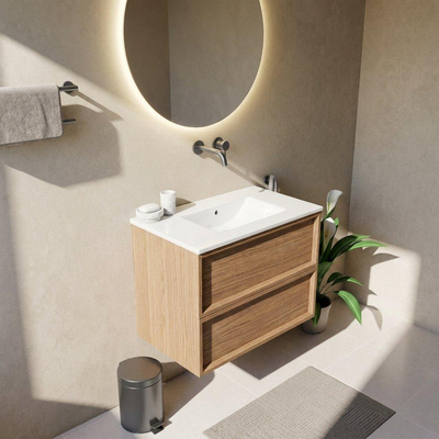 Saniclass Holz Frame Ensemble de meubles de salle de bains - 80x45x62cm - lavabo Vygo en céramique blanc - 1 vasque - sans trou de robinet - 2 tiroirs - chêne naturel mat (bois)