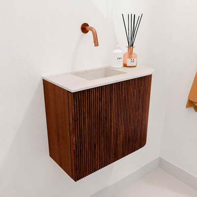 Mondiaz JOYA-DLUX 51.6cm meuble de toilette - arrondi droit couleur Ruby - Lavabo FAYE position Gauche Sans trou de robinet couleur Meli.