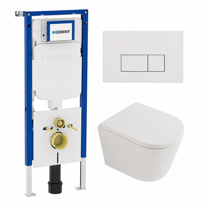 QeramiQ Dely Toiletset - 36.3x51.7cm - diepspoel - rimless - Geberit UP720 inbouwreservoir - softclose toilet zitting - 35mm - glans witte bedieningsplaat - rechthoekige knoppen - mat wit